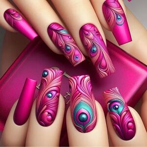 Beautiful Peacock-Inspired Press-On Nails, NEW